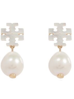 Tory Burch enameled Kira white logo pearl drop earrings